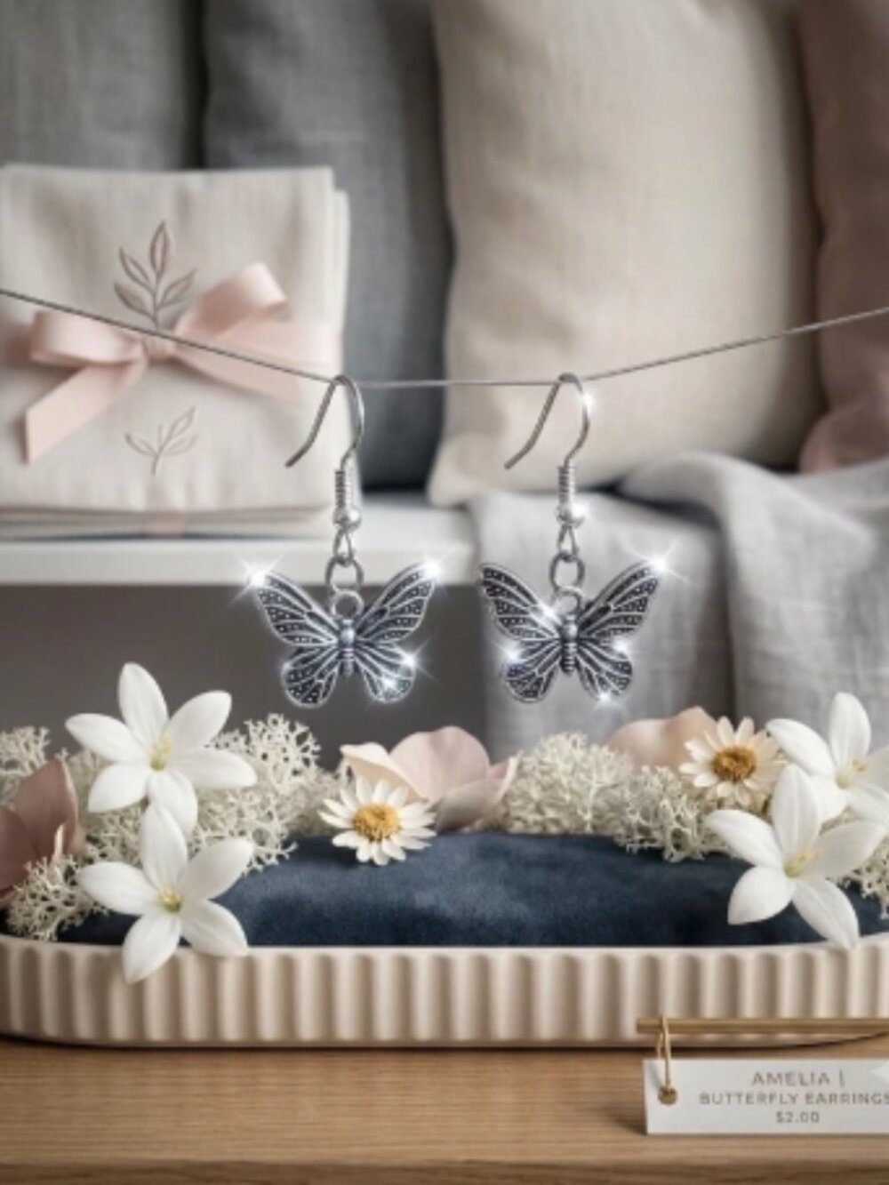Vintage-Style Silver Butterfly Dangle Earrings